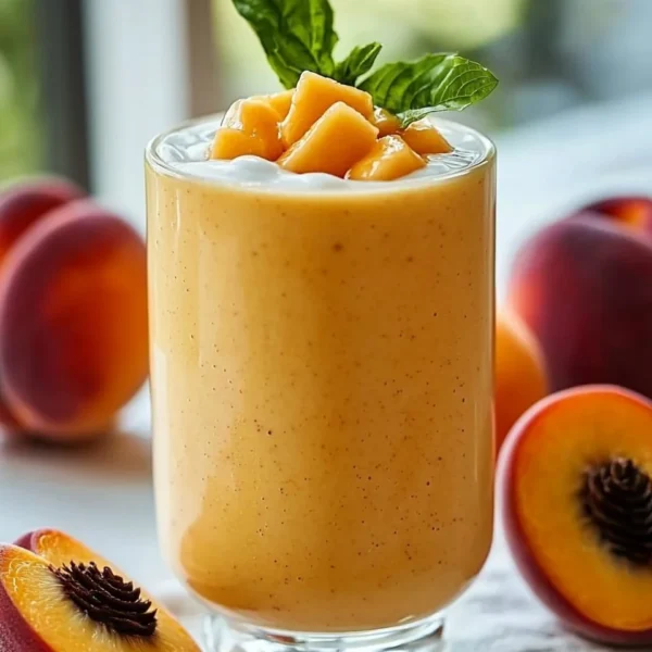 Delicious peach smoothie made with frozen peaches in a glass