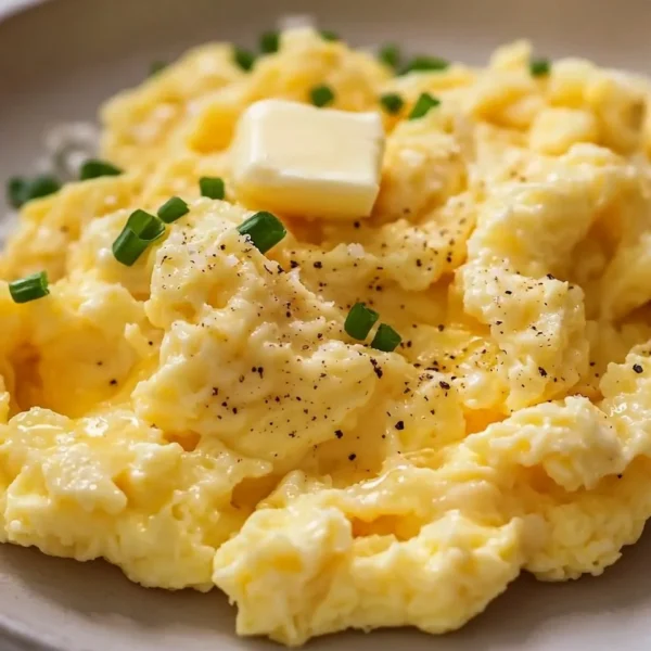 Fluffy scrambled eggs served on a plate with herbs and spices.