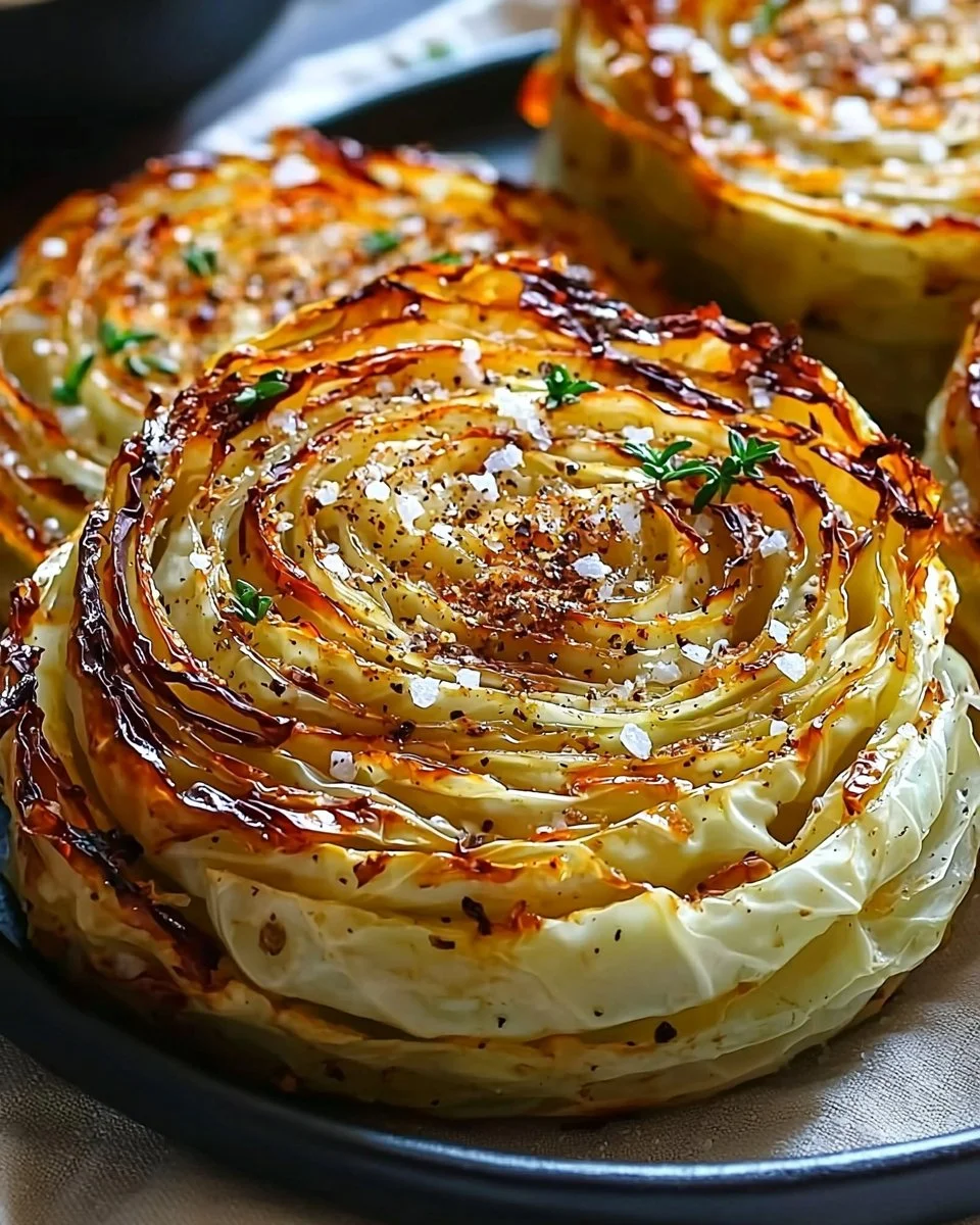 Roasted cabbage steaks seasoned and baked to perfection on a baking tray.