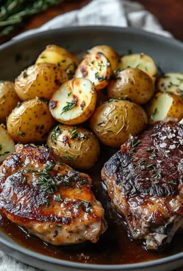 Slow-cooked garlic butter chicken with ribeye and parmesan potatoes on a plate.