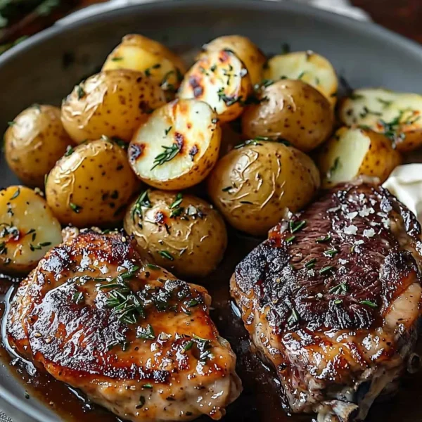 Slow-cooked garlic butter chicken with ribeye and parmesan potatoes on a plate.