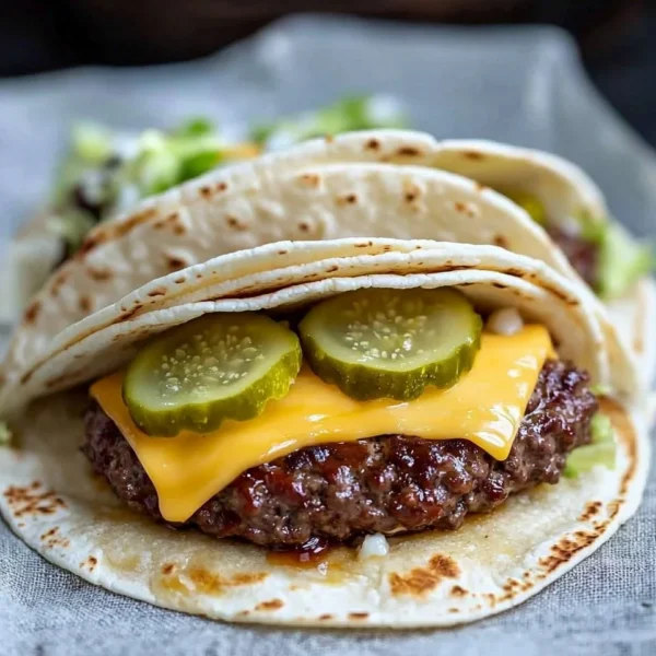 Delicious Smash Burger Taco topped with savory burger sauce.