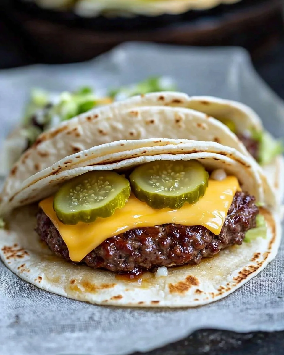 Delicious Smash Burger Taco topped with savory burger sauce.