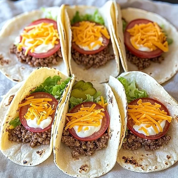 Plate of Smashed Cheeseburger Tacos topped with fresh ingredients