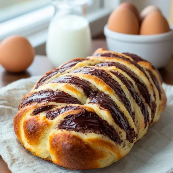Freshly baked Nutella swirl Easter bread with chocolate hazelnut filling
