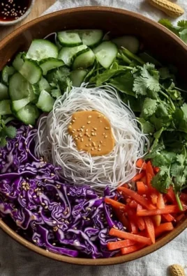 Colorful spring roll salad with vegetables and herbs served in a bowl.