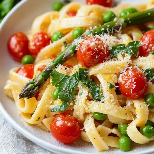 Plate of colorful spring vegetable pasta with fresh seasonal vegetables