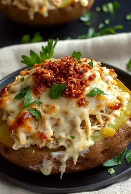 A deliciously baked stuffed potato topped with cheese, sour cream, and chives.