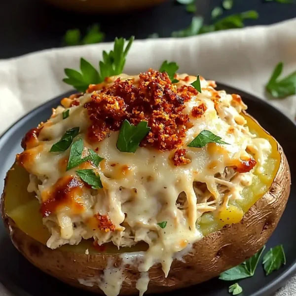 A deliciously baked stuffed potato topped with cheese, sour cream, and chives.