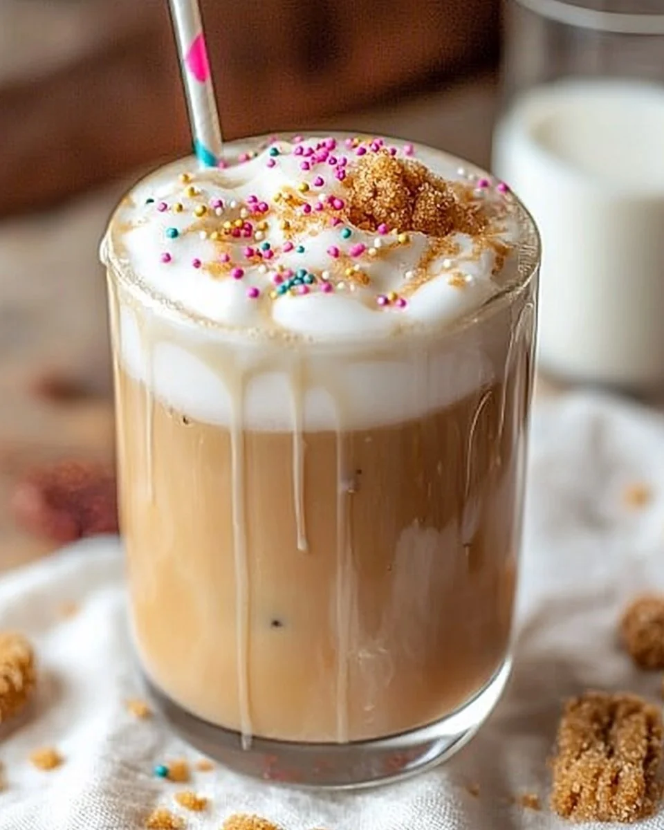 Frothy Sugar Cookie Latte topped with whipped cream and festive sprinkles