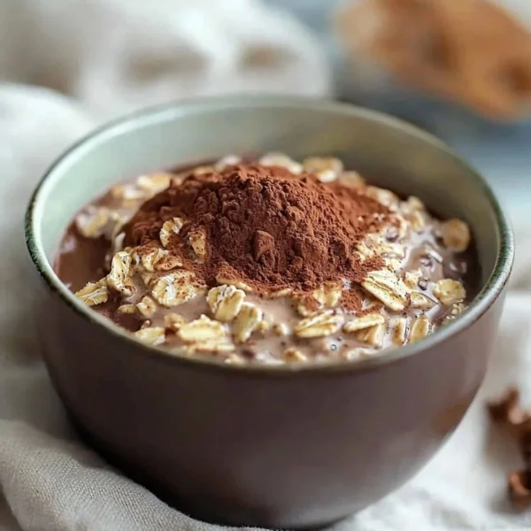 Delicious Tiramisu Overnight Oats in a glass topped with cocoa powder