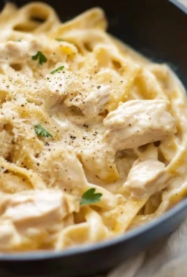 Creamy chicken Alfredo served with fettuccine and garnished with parsley